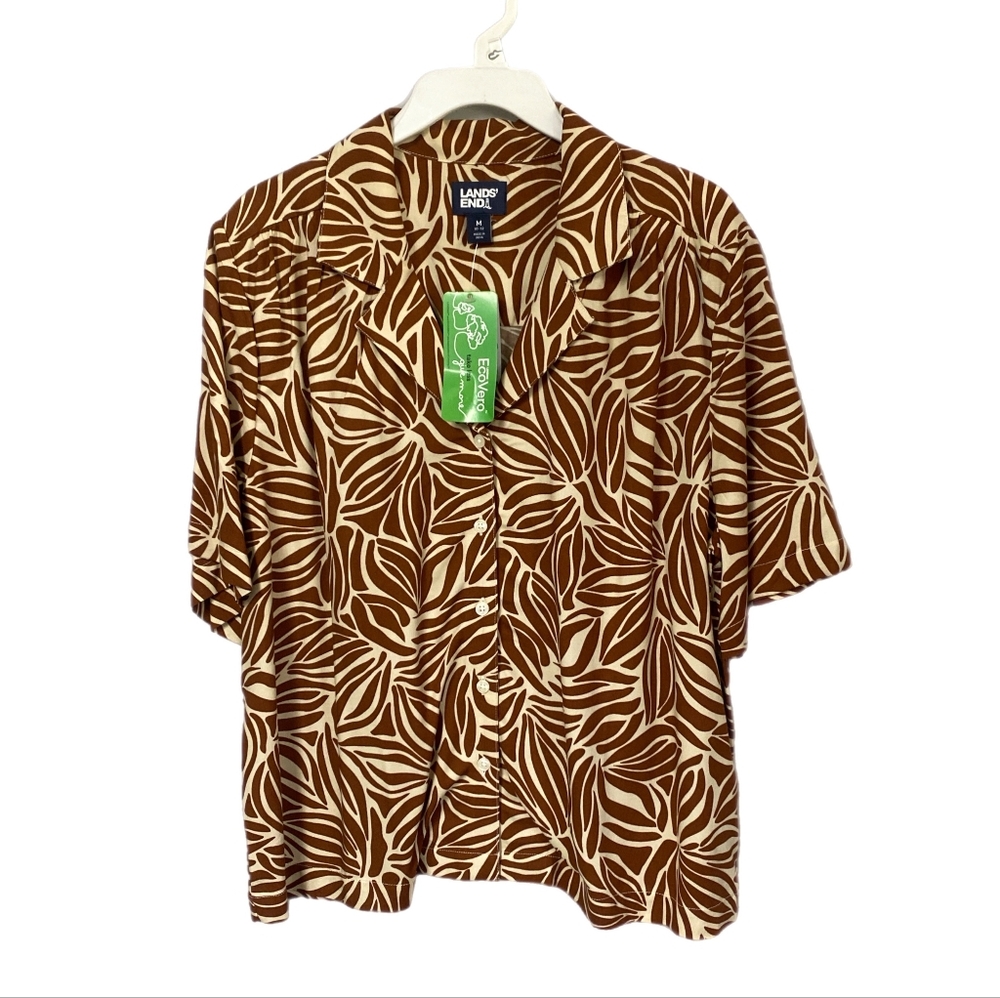 Lands End Womens Brown Hawaiian Button Up Blouse, XS, S, M, L, XL, NWT